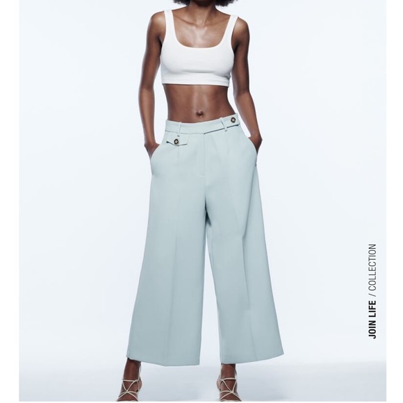 ZARA WOMAN MENSWEAR STYLE WIDE LEG PANTS GREEN / BLUE Pastel Size M - Picture 2 of 15